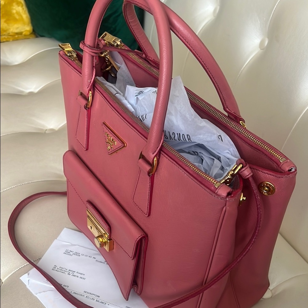 Prada Pink Saffiano Leather Satchel with Gold Accents - Picture 3 of 9